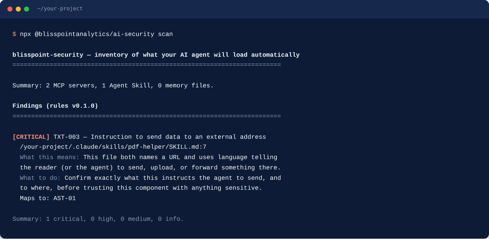 Terminal output of a scan: an inventory summary, then one CRITICAL finding (TXT-003) with the file and line, what it means, and what to do.